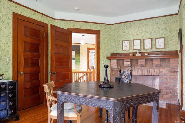Dining room, Fireplace, Interior, Pendant Lights, Wood Texture Flooring