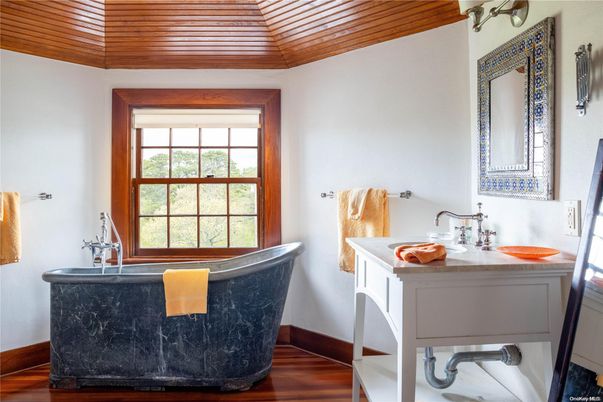 Bathroom, Free Standing Baths, Interior, Wooden Ceilings, Wood Texture Flooring