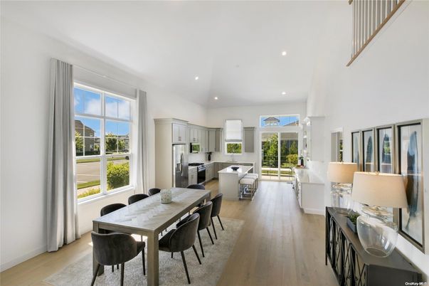 Dining room, Interior, Kitchen, Recessed Lighting, Stainless Steel Appliances, Wood Texture Flooring