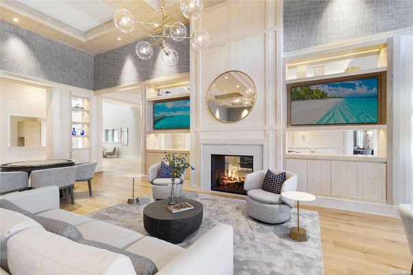 Billiard Table, Fireplace, Game Room, Interior, Living room, Pendant Lights, Recessed Lighting, Wood Texture Flooring