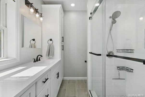Bathroom, Glass Shower, Interior, Recessed Lighting, Wood Texture Flooring
