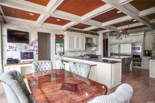 Interior, Kitchen, Recessed Lighting, Stainless Steel Appliances, Stone Walls, Wood Texture Flooring