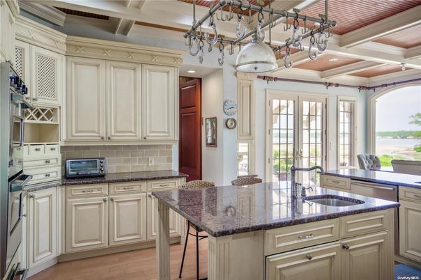 Chandelier, Interior, Kitchen, Recessed Lighting, Stainless Steel Appliances, Wooden Ceilings, Wood Texture Flooring