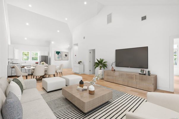Dining room, Interior, Living room, Recessed Lighting, Wood Texture Flooring