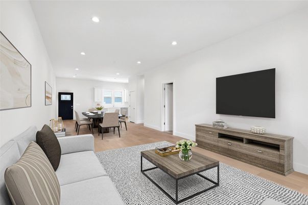 Dining room, Interior, Living room, Recessed Lighting, Wood Texture Flooring