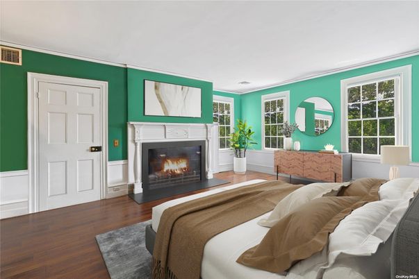 Bedroom, Fireplace, Interior, Wood Texture Flooring