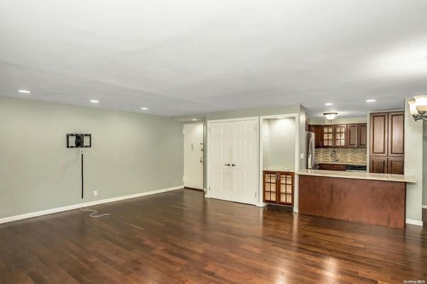 Empty room, Interior, Kitchen, Recessed Lighting, Wood Texture Flooring