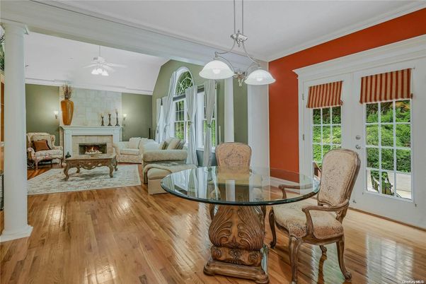 Dining room, Fireplace, Interior, Living room, Pendant Lights, Wood Texture Flooring