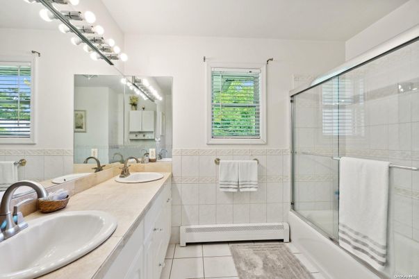 Bathroom, Dual Sink Vanities, Glass Shower, Interior, Tile Countertops