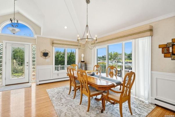 Dining room, Interior, Pendant Lights, Recessed Lighting, Wood Texture Flooring