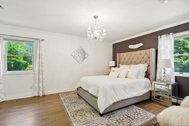 Bedroom, Chandelier, Interior, Wood Texture Flooring