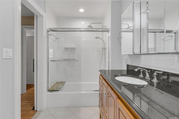 Bathroom, Glass Shower, Interior, Recessed Lighting, Wood Texture Flooring