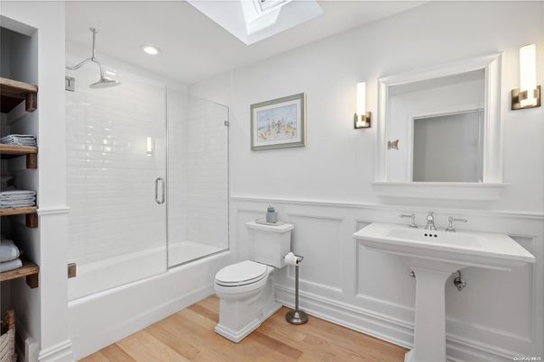 Bathroom, Glass Shower, Interior, Recessed Lighting, Wood Texture Flooring