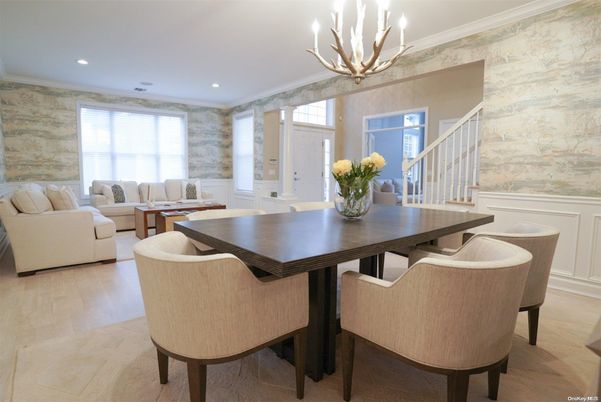 Dining room, Interior, Living room, Pendant Lights, Recessed Lighting, Stone Walls, Wood Texture Flooring