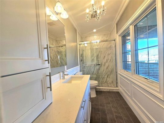 Bathroom, Chandelier, Glass Shower, Interior, Marble Walls, Recessed Lighting