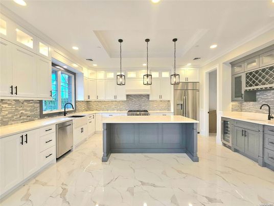 Interior, Kitchen, Marble, Pendant Lights, Recessed Lighting, Stainless Steel Appliances