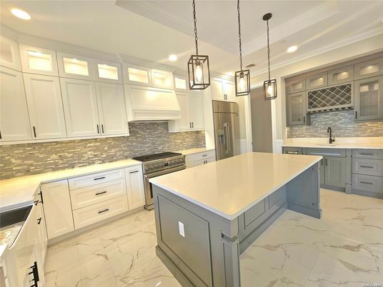 Interior, Kitchen, Marble, Pendant Lights, Recessed Lighting, Stainless Steel Appliances