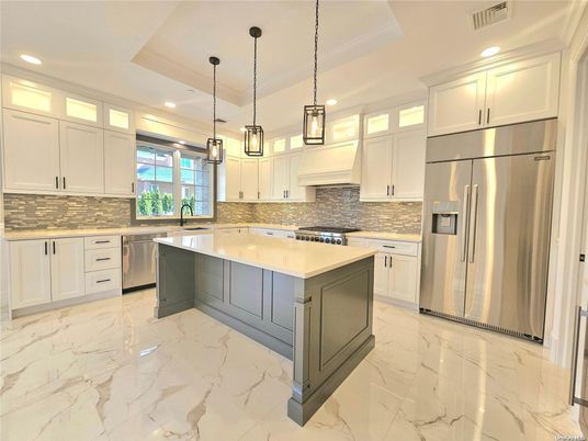 Interior, Kitchen, Marble, Pendant Lights, Recessed Lighting, Stainless Steel Appliances