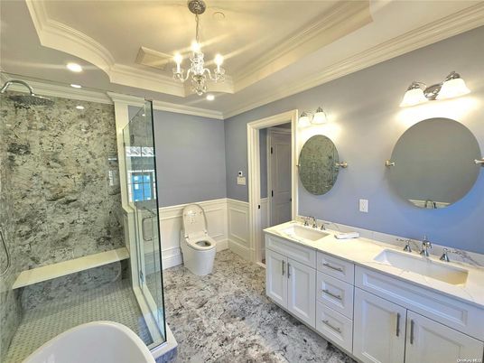 Bathroom, Chandelier, Dual Sink Vanities, Glass Shower, Interior, Recessed Lighting
