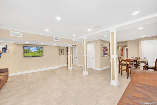 Dining room, Interior, Recessed Lighting, Wood Texture Flooring