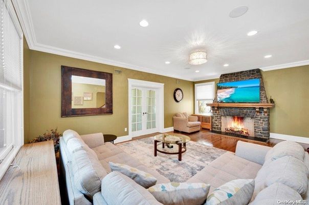 Fireplace, Interior, Living room, Recessed Lighting, Wood Texture Flooring