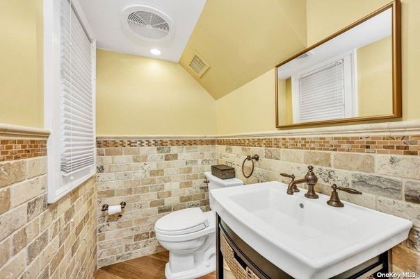 Bathroom, Interior, Recessed Lighting, Stone Walls, Wood Texture Flooring