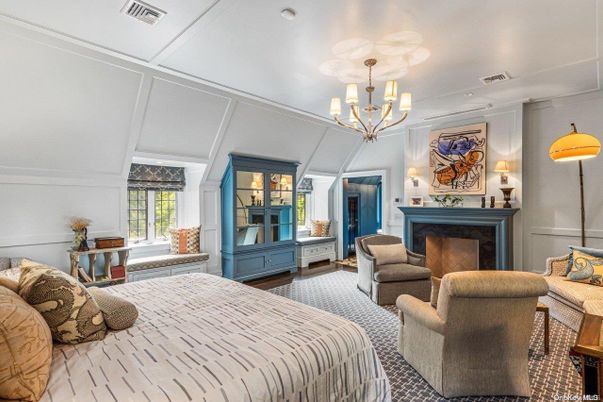 Bedroom, Chandelier, Fireplace, Interior