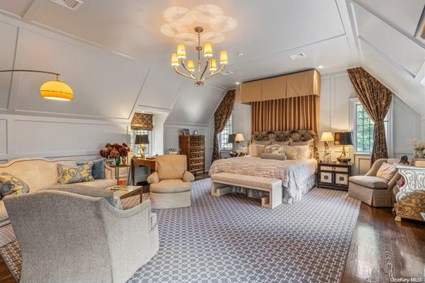Bedroom, Chandelier, Interior, Recessed Lighting, Wood Texture Flooring