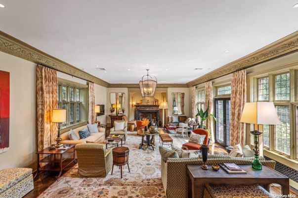 Chandelier, Fireplace, Interior, Living room, Recessed Lighting, Wood Texture Flooring