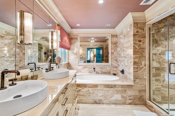 Bathroom, Dual Sink Vanities, Glass Shower, Interior, Recessed Lighting, Stone Walls