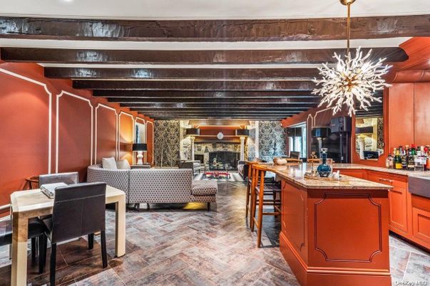 Dining room, Fireplace, Interior, Living room, Pendant Lights, Recessed Lighting, Wooden Beams