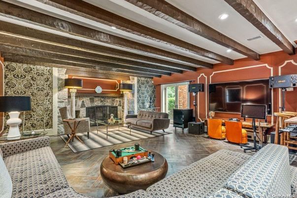 Fireplace, Home Office, Interior, Living room, Recessed Lighting, Wooden Beams, Wood Texture Flooring