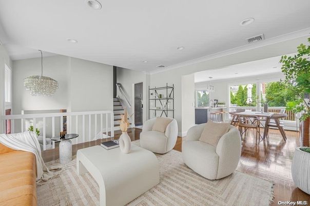 Dining room, Interior, Living room, Pendant Lights, Recessed Lighting, Wood Texture Flooring