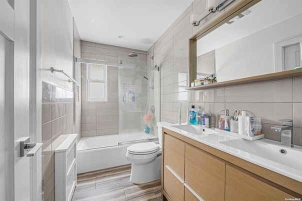 Bathroom, Glass Shower, Interior, Wood Texture Flooring