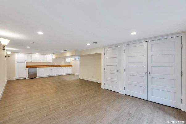Empty room, Interior, Kitchen, Recessed Lighting, Wood Texture Flooring