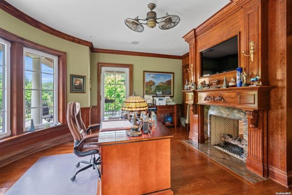 Fireplace, Home Office, Interior, Recessed Lighting, Wood Texture Flooring