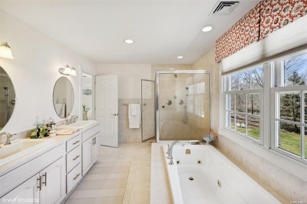 Bathroom, Dual Sink Vanities, Glass Shower, Interior, Recessed Lighting
