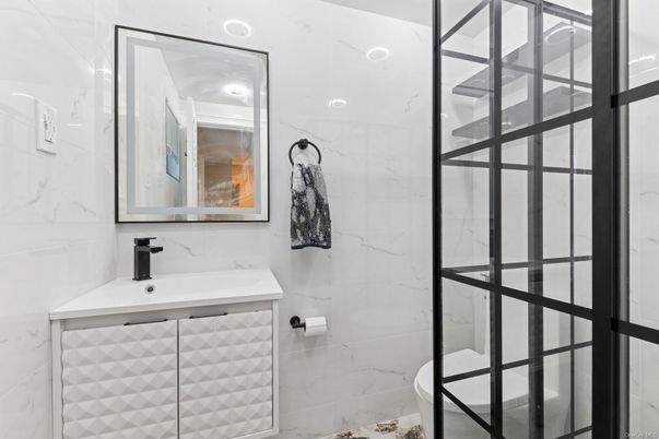 Bathroom, Glass Shower, Interior, Marble Walls, Recessed Lighting