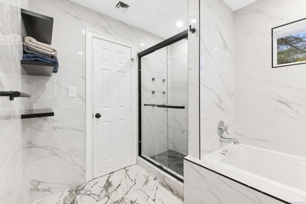 Bathroom, Glass Shower, Interior, Marble, Marble Walls, Recessed Lighting