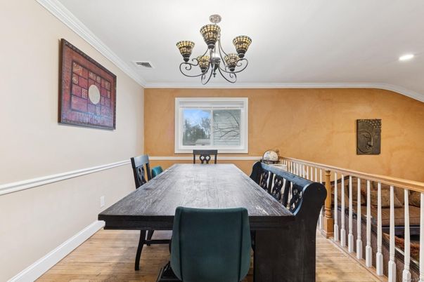 Chandelier, Dining room, Interior, Recessed Lighting, Wood Texture Flooring