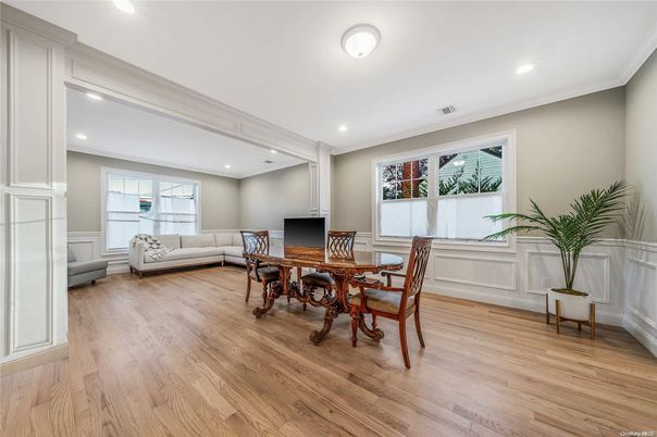 Dining room, Interior, Recessed Lighting, Wood Texture Flooring