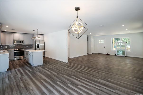 Interior, Kitchen, Pendant Lights, Recessed Lighting, Stainless Steel Appliances, Wood Texture Flooring