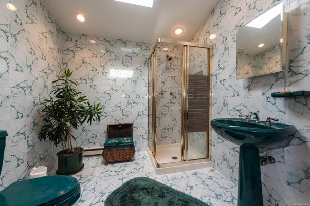 Bathroom, Glass Shower, Interior, Marble, Marble Walls, Recessed Lighting