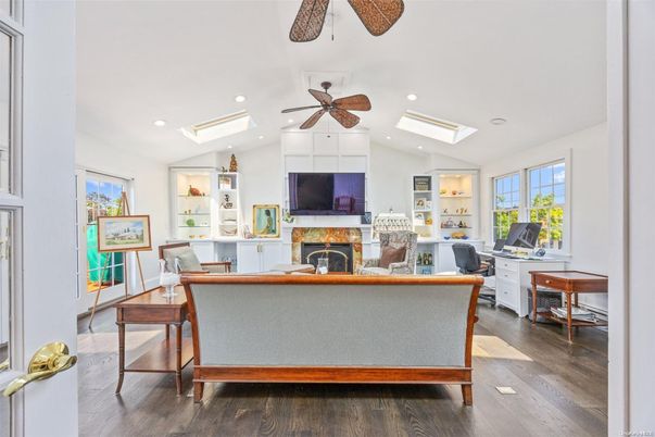 Fireplace, Home Office, Interior, Recessed Lighting, Wood Texture Flooring
