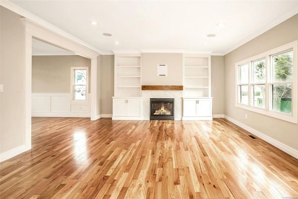 Empty room, Fireplace, Interior, Recessed Lighting, Wood Texture Flooring
