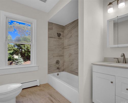Bathroom, Interior, Marble Walls, Wood Texture Flooring