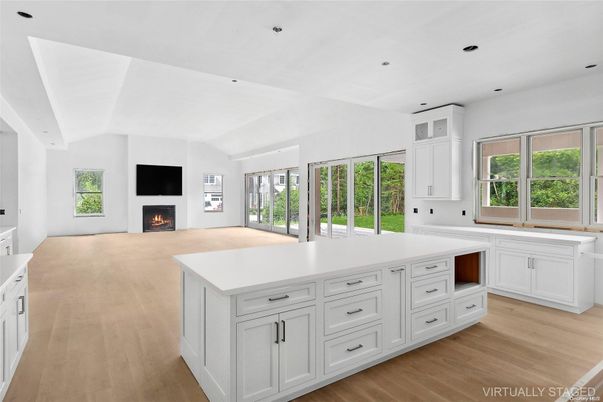 Fireplace, Interior, Kitchen, Recessed Lighting, Wood Texture Flooring