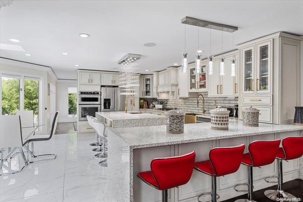 Interior, Kitchen, Marble, Pendant Lights, Recessed Lighting, Stainless Steel Appliances