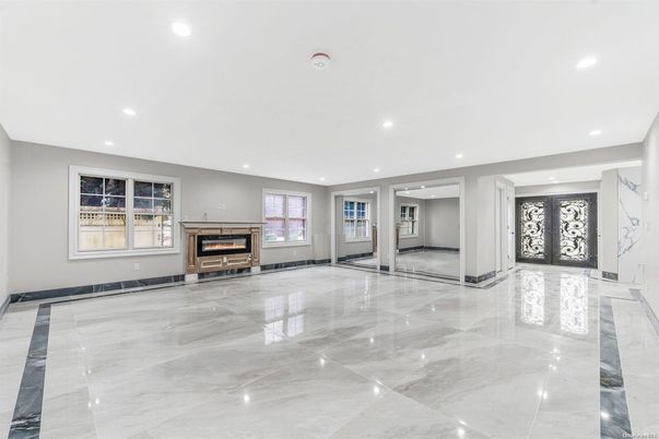 Empty room, Fireplace, Interior, Marble, Recessed Lighting