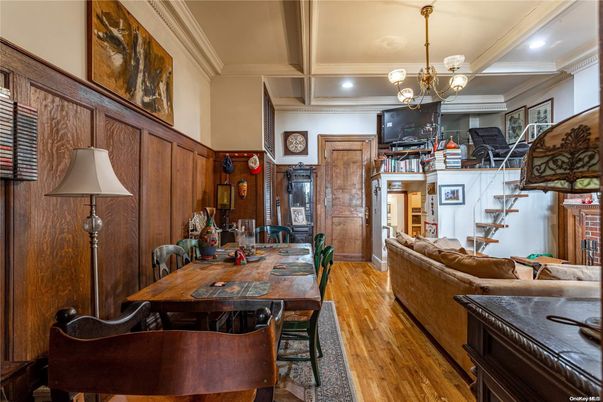 Dining room, Interior, Living room, Pendant Lights, Recessed Lighting, Wood Texture Flooring